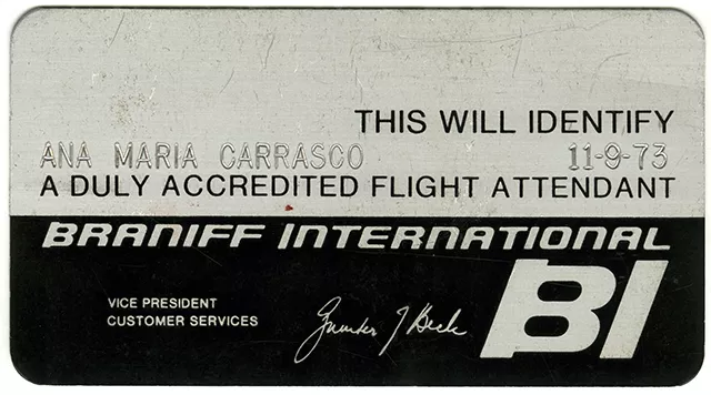 Tarjeta de identificación asistente de vuelo de la línea aérea Braniff International