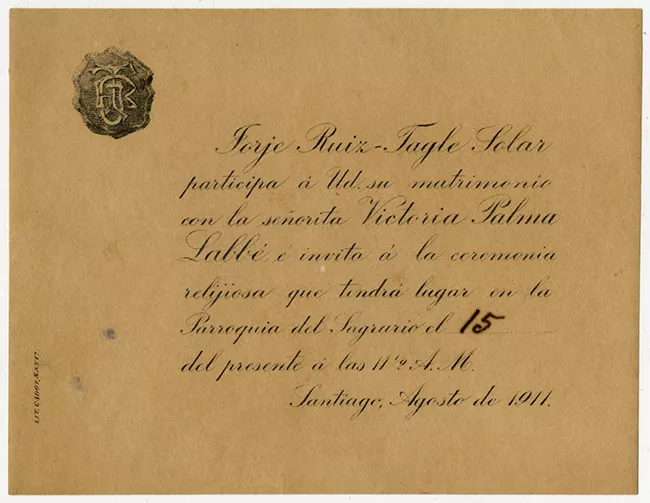 Parte de matrimoniode Jorge Ruiz-Tagle Solar y Victoria Palma Labbé