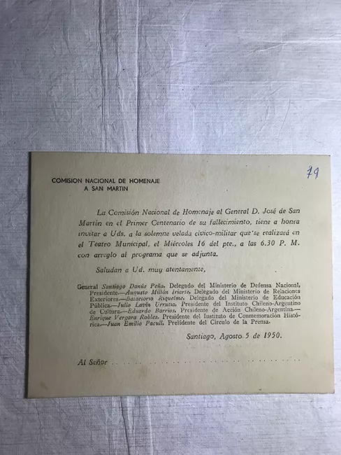 Invitación y programa de la Comisión Nacional de Homenaje a el primer centenario del fallecimiento del General de San Martín 
