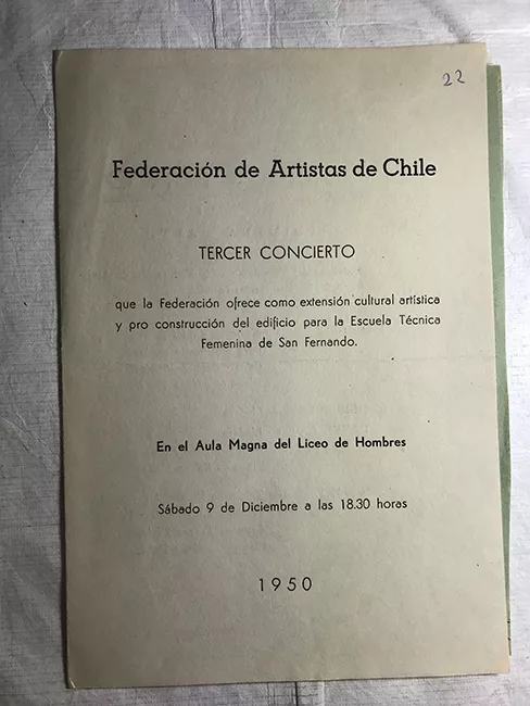 Programa del tercer concierto de la Federación de Artistas de Chile.  Pro construcción Edificiio Escuela Técnica San Fernando