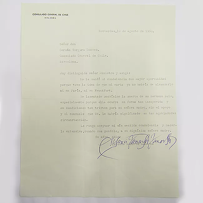 Carta de condolencias dirigida a Germán Vergara Donoso, por muerte de su hermano Luis.
