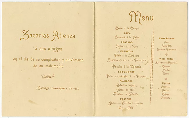 Menú  de comida ofrecido por Zacarías Atienza, a sus amigos