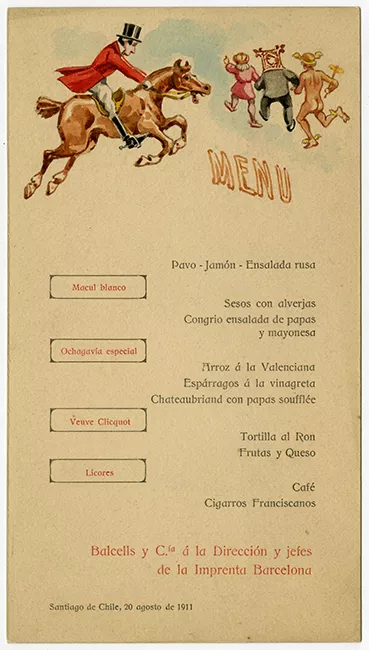 Menú ofrecido por Bacells y compañía a la dirección y jefes de la Imprenta Barcelona