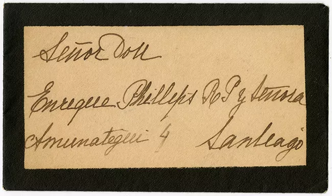 Tarjeta de luto en agradecimiento a Enrique Phillips R.P. y señora, de Rosario Ossa de Matte con sobre
