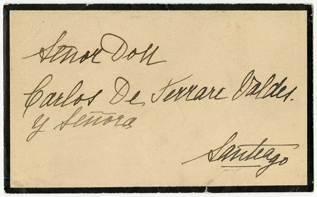 Tarjeta de luto en agradecimiento a Carlos de Ferrari Valdés y Señora, de Rosario Ossa de Matte