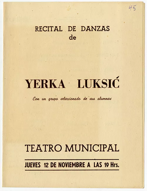 Programa del recital de danzas de Yerka Luksic en el Teatro Municipal