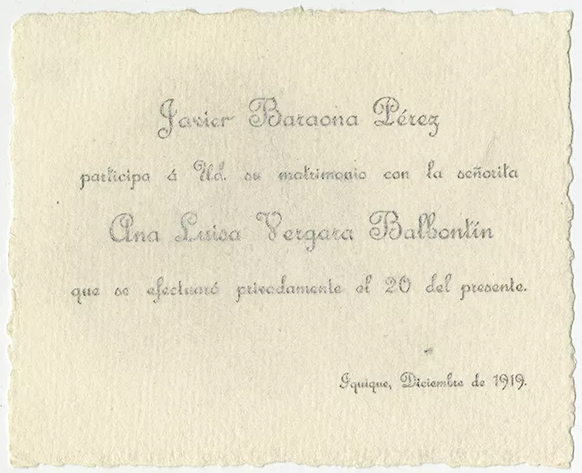 Parte de matrimonio de Javier Baraona Pérez y Ana Luisa Vergara Balbontín