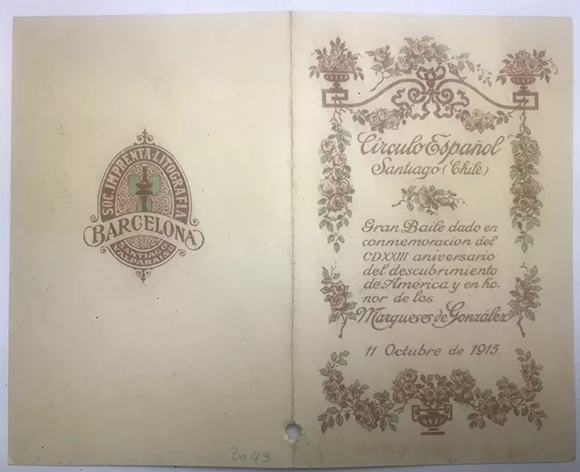 Tarjeta de Baile Circulo español Conmemoración descubrimiento de América y en Honor de los Marqueses González
