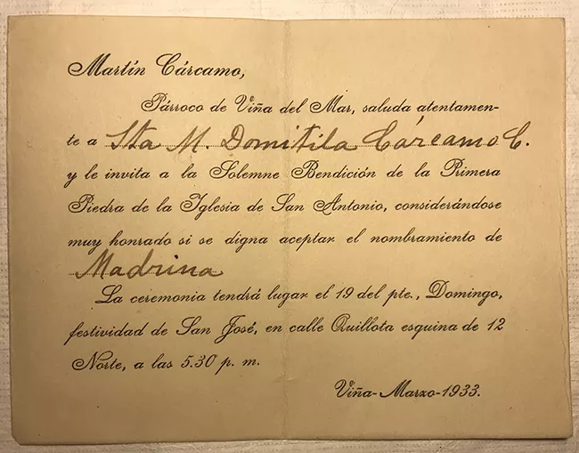 Invitación a la Ceremonia de  Bendición de la Primera Piedra de la Iglesia de San Antonio