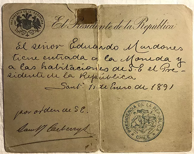 Autorización del Presidente de la república José Manuel Balmaceda, otorga acceso a la Moneda a Eduardo Mardones