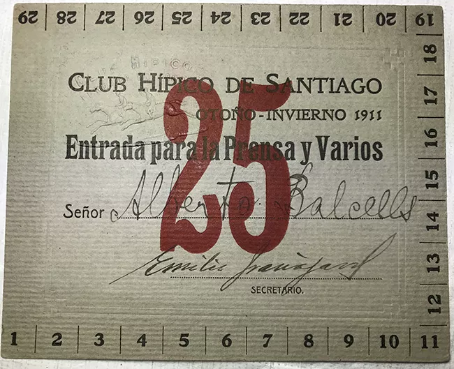 Tarjeta de entrada para prensa y varios del Club Hípico de Santiago