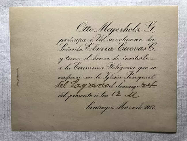 Parte matrimonio de Otto Meyerholz G. y Elvira Cuevas C.