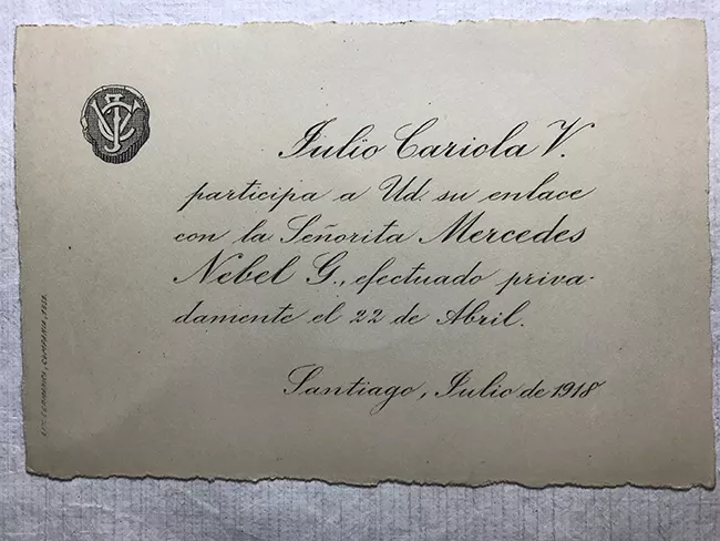 Parte matrimonio de Julio Cariola V. y Mercedes Nebel G.