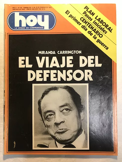 Revista HOY año II n°90. 14 febrero-20 febrero 1979. Miranda Carrington: El viaje del defensor