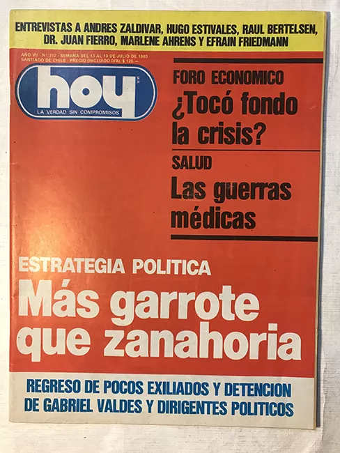 Revista HOY año VII n°312. 13 julio- 19 julio 1983. Estrategia política: Más garrote que zanahoria  