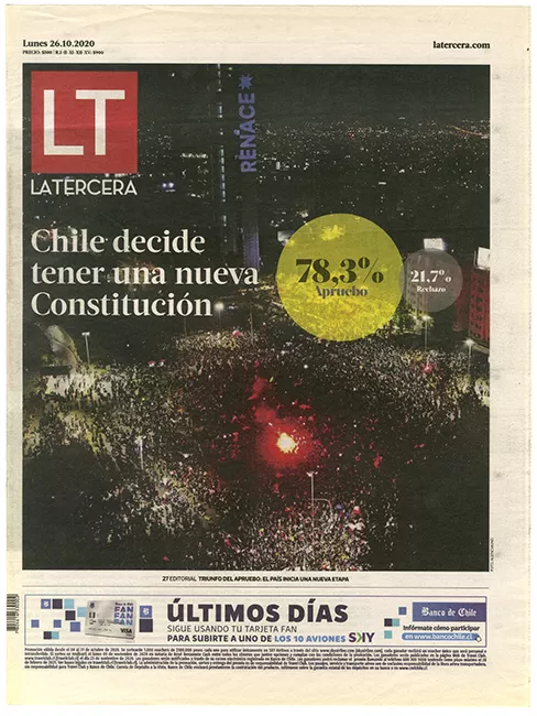 Chile decide tener una nueva Constitución. 78.3% Apruebo, 21.7% Rechazo. 26 de octubre de 2020