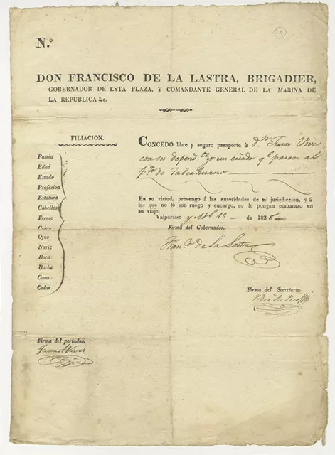 Pasaporte a Juan Agustín Vives otorgado por el Gobernador Francisco De la Lastra de la Sotta