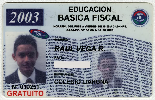 Pase escolar V región 2003 perteneciente a Raúl Vega