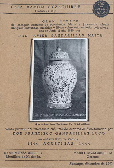 Gran Remate del escogido conjunto de porcelanas chinas y japonesas, piezas antiguas auténticas, muebles y libros sobre esta materia, coleccionados en París el año 1889, por Don Javier Gandarillas Matta. Venta privada del interesante conjunto de cuadros