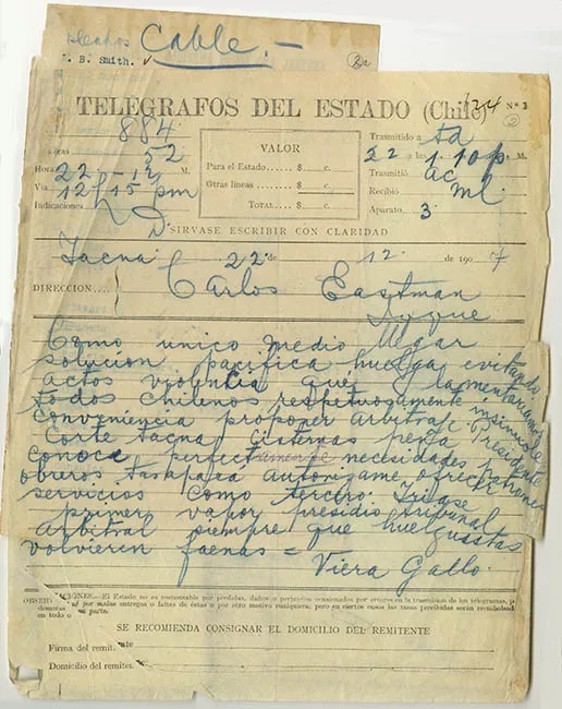 Telegrama de Iquique posterior a matanza en Escuela Santa María, dirigida al intendente Carlos Eastman