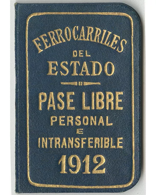 Carnet Ferrocarriles del Estado. Pase libre, personal e intrasferible de Renato Sanchez. 1912