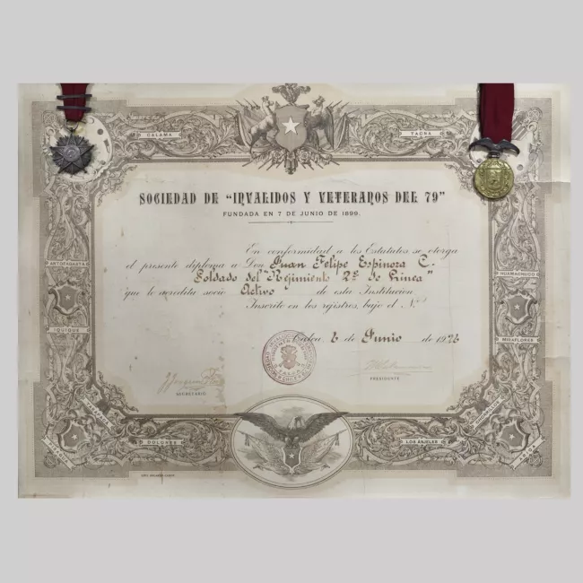 Diploma de la Sociedad de Invalidos y Veteranos del 79 Otorgado a don Juan Felipe Espinoza