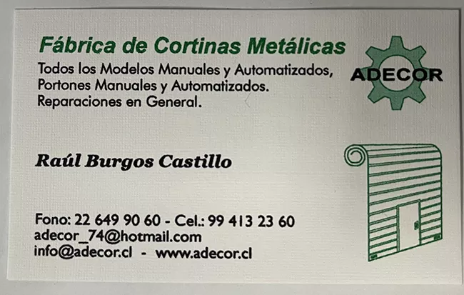 Tarjeta de presentación de Raul Borges Castillo. Fábrica de cortinas metálicas
