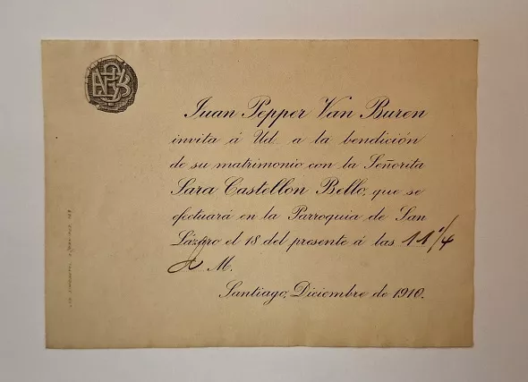 Parte matrimonio de Juan Pepper Van Buren y Sara Castellon Bello