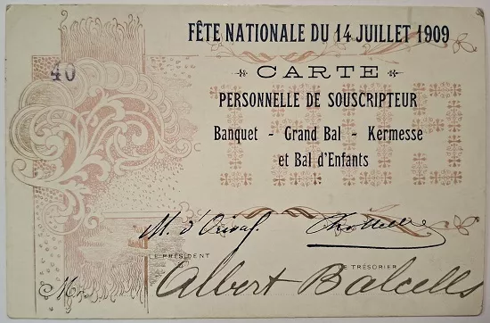 Tarjeta personal de suscriptor Fête nationale du 14 Juillet 1909
