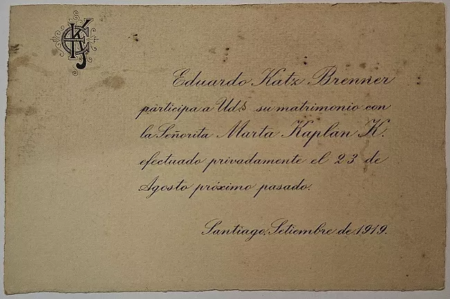 Parte de matrimonio de Eduardo Katz Brenner y Marta Kaplan K.