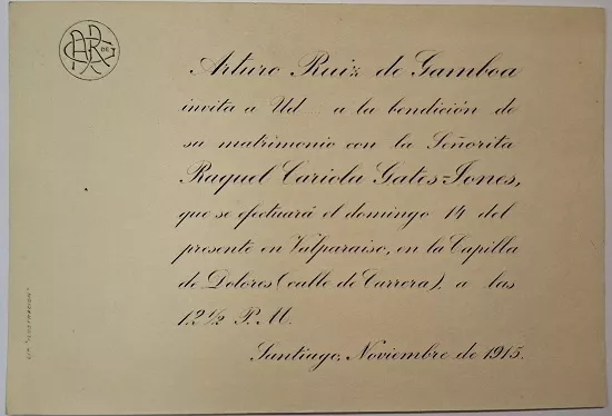 Parte de matrimonio de Arturo Ruiz de Gamboa y Raquel Cariola Gates-Jones